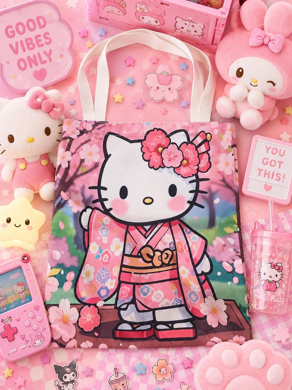 💜 Hello Kitty Pink Cherry Blossom Kimono Tote Bag